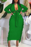 Green Sexy Solid Tassel Bandage Patchwork V Neck Long Sleeve Two Pieces