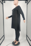 Bordado casual moda marrom com fenda decote em v manga longa duas peças