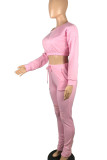 Pink Casual Solid Ripped Patchwork Oblique Collar Long Sleeve Two Pieces