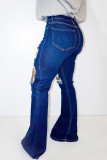 Jeans regular azul escuro fashion casual liso rasgado cintura alta