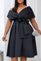 Zwarte mode sexy effen patchwork V-hals A-lijn jurken