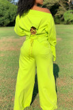Fluorescent Green Casual Solid Patchwork Frenulum Backless Asymmetrical O Neck Long Sleeve Two Pieces