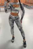 Grey Sexy Patchwork Tie-dye O Neck Long Sleeve Two Pieces