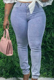 Calça jeans skinny azul bebê moda casual bandagem sólida cintura média