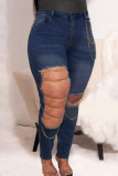 Dark Blue Fashion Street Solid Ripped Plus Size Jeans