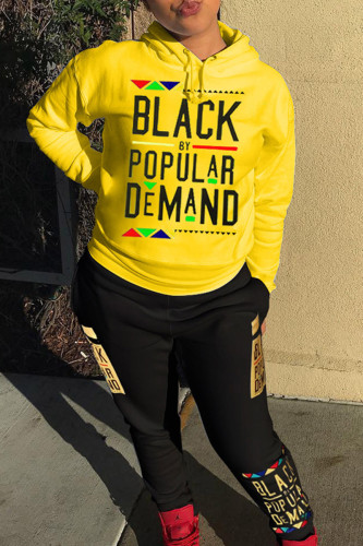 Yellow Casual Letter Print Hooded Collar Long Sleeve Sweatshirt And Pants Sportwear Two Pieces Jogger Set