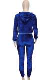 Azul Casual Sólido Patchwork Cremallera Cuello con capucha Manga larga Dos piezas