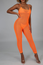 オレンジ色のセクシーなソリッドメッシュスパゲッティストラップスキニージャンプスーツ