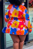 Multicolor casual estampado patchwork fivela turndown colarinho camisa vestido vestidos plus size