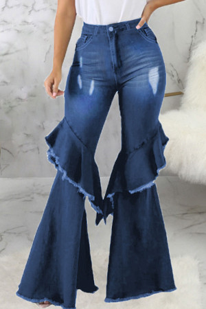 Dark Blue Fashion Street Solid High Waist Boot Cut Flare Leg Ripped Denim Jeans