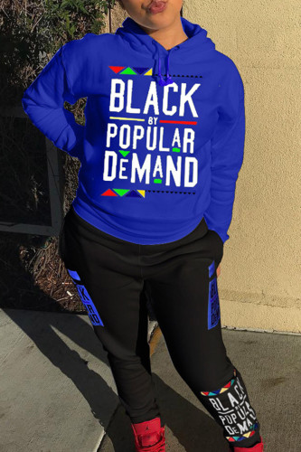 Blue Casual Letter Print Hooded Collar Long Sleeve Sweatshirt And Pants Sportwear Two Pieces Jogger Set