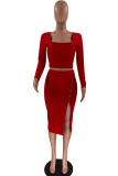 Red Fashion Sexy Solid Patchwork Slit Square Collar Long Sleeve Two Pieces
