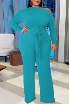 Cyan Casual Solid Patchwork Oblique Collar Plus Size Two Pieces(Contain The Belt)