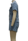 Dark Blue Casual Solid Patchwork Turndown Collar Short Sleeve Skinny Denim Jumpsuits