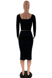 Black Fashion Sexy Solid Patchwork Slit Square Collar Long Sleeve Two Pieces