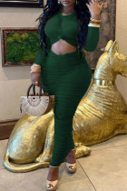 Grönt Mode Casual Solid urholkat Vik O-hals långärmade klänningar