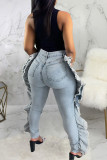Baby Blue Fashion Casual Solid Ripped High Waist Denim Jeans