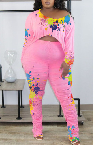 Pink Casual Print Patchwork Fold Asymmetrical O Neck Long Sleeve Two Pieces