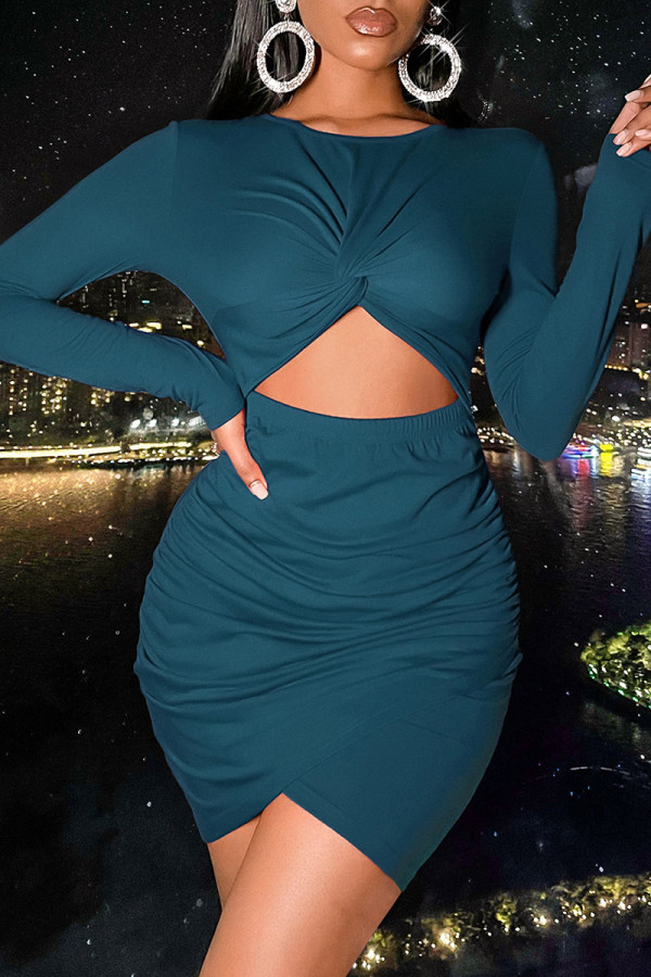 Blue Sexy Casual Solid Hollowed Out O Neck Long Sleeve Dresses