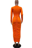 Orange Fashion Casual Solide ausgehöhlte Langarm-Kleider mit O-Ausschnitt