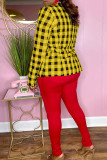 Yellow Fashion Casual Plaid Print Cardigan Turndown Collar Outerwear