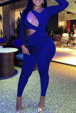 Blauwe sexy effen uitgeholde skinny jumpsuits met asymmetrische kraag en patchwork