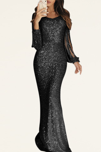 Black Party Solid Tassel O Neck Trumpet Mermaid Dresses