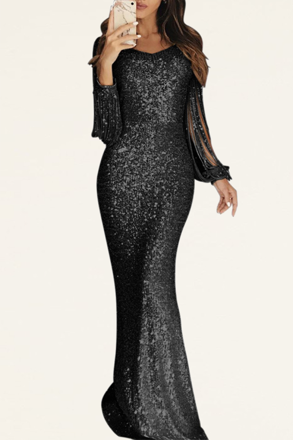Schwarze Party Trompeten-Meerjungfrau-Kleider mit festem Quasten-O-Ausschnitt