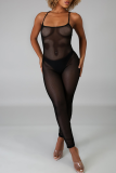 Zwarte sexy effen mesh skinny jumpsuits met spaghettibandjes