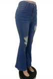 Blaue, modische, lässige, feste, zerrissene, normale Denim-Jeans mit hoher Taille