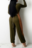 Khaki Sexy Solid Hollowed Out Patchwork Slit O Neck Straight Jumpsuits(Without Belt)
