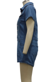 ダークブルー カジュアル ソリッド パッチワーク ターンダウンカラー 半袖 スキニー デニム ジャンプスーツ