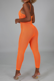 オレンジ色のセクシーなソリッドメッシュスパゲッティストラップスキニージャンプスーツ