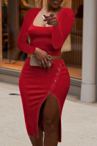 Moda roja Sexy de parches lisos con abertura y cuello cuadrado, manga larga, dos piezas