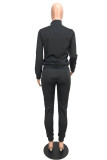 Black Fashion Casual Solid Beading Zipper Collar Long Sleeve Two Pieces