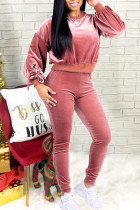 Pink Casual Solid Split Joint Frenulum With Bow O Neck Long Sleeve Two Pieces