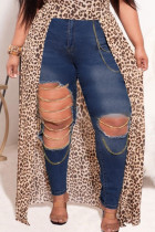 Dark Blue Fashion Street Solid Ripped Plus Size Jeans