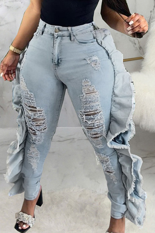 Babyblauwe mode casual effen gescheurde hoge taille denim jeans
