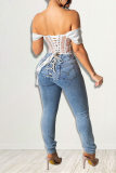 Baby Blue Fashion Casual Solid Bandage Skinny Jeans mit mittlerer Taille