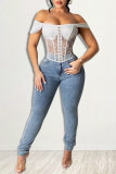 Baby Blue Fashion Casual Solid Bandage Skinny Jeans mit mittlerer Taille