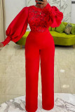 Roter, sexy, solider, durchsichtiger, gerader Patchwork-Jumpsuit mit O-Ausschnitt