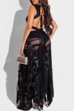 Black Fashion Sexy Patchwork Bandage Hollowed Out Backless V Neck Sleeveless Dress