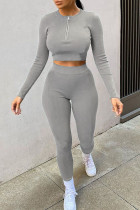 Grey Casual Solid Split Joint Zipper Collar Long Sleeve Two Pieces
