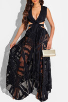 Черное модное сексуальное лоскутное платье с вырезом на спине и V-образным вырезом без рукавов