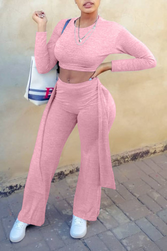 Pink Casual Solid Bandage Patchwork O Neck Long Sleeve Two Pieces