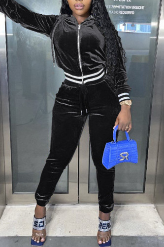 Black Casual Solid Patchwork Zipper Hooded Collar Long Sleeve Two Pieces