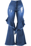 Dark Blue Fashion Street Solid High Waist Boot Cut Flare Leg Ripped Denim Jeans