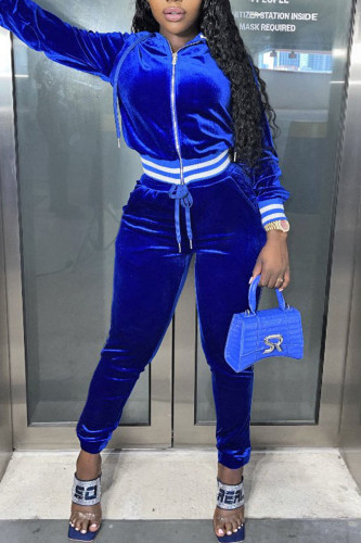 Blue Casual Solid Patchwork Zipper Hooded Collar Long Sleeve Two Pieces
