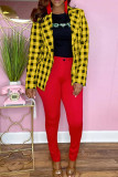 Yellow Fashion Casual Plaid Print Cardigan Turndown Collar Outerwear