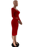 Red Fashion Sexy Solid Patchwork Slit Square Collar Long Sleeve Two Pieces